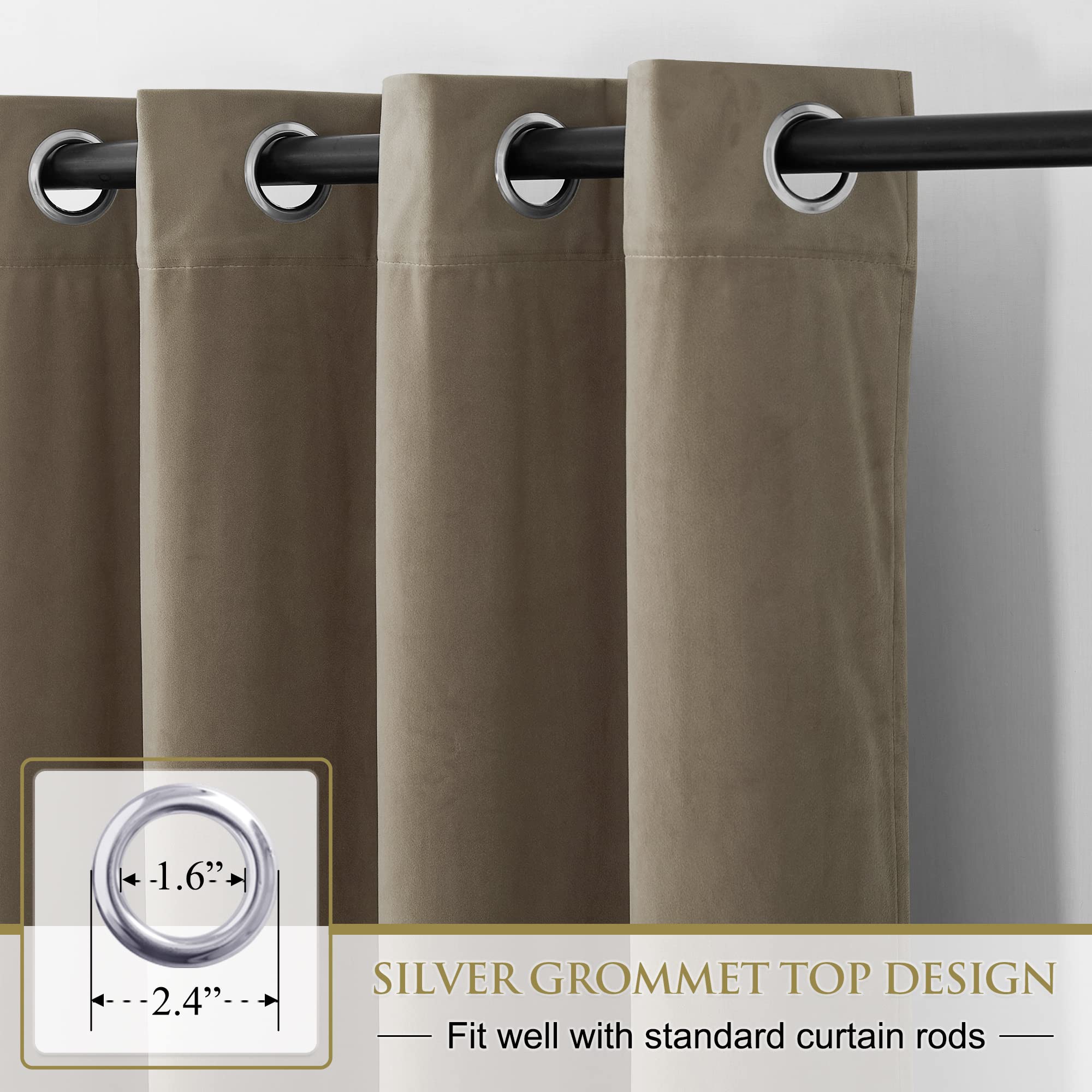 Close-up of beige velvet blackout curtains featuring 1.6" silver grommets on a black rod, perfect for bedroom & living room privacy.