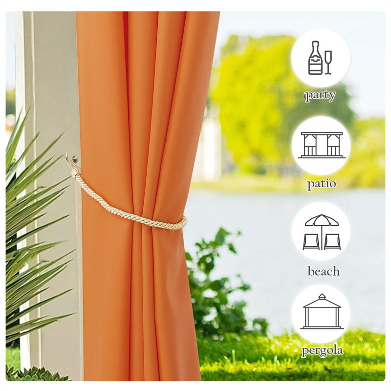 Orange windproof waterproof outdoor canvas curtain with rope tieback, ideal for patio and pergola shade.
