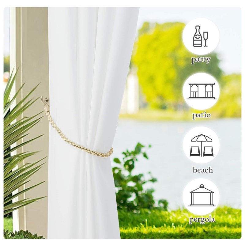 White outdoor curtain with golden rope tie-back, for weather protection in patio, pergola, beach settings. Ideal for parties.