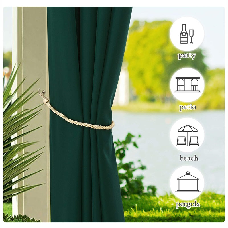Dark green windproof waterproof outdoor canvas curtain with gold tie-back, showcasing versatility for patios, pergolas, parties & beach.