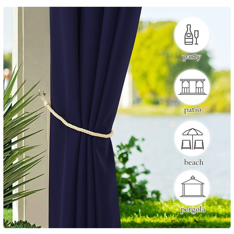 Dark blue outdoor curtain with rope tie-back, perfect for windproof, waterproof protection on patios, pergolas, or beaches.