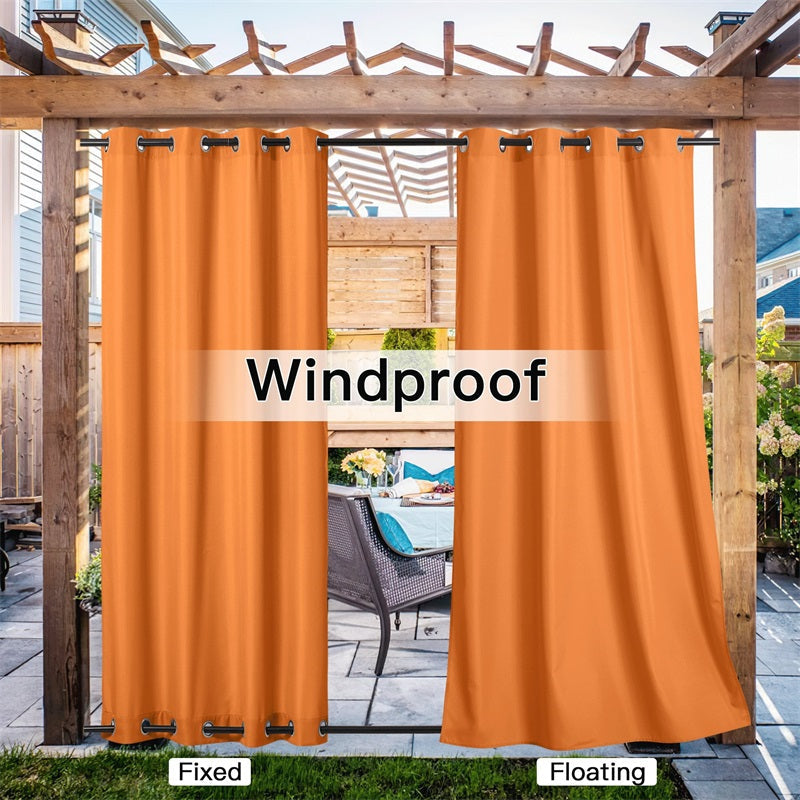 Orange grommet outdoor canvas curtains for patio pergola. Windproof waterproof, shown fixed and floating for wind resistance.