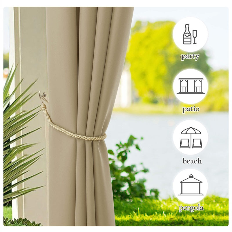 Beige canvas outdoor curtain tied back with rope, showcasing its use for patio, pergola, beach, and party settings. Waterproof, windproof.