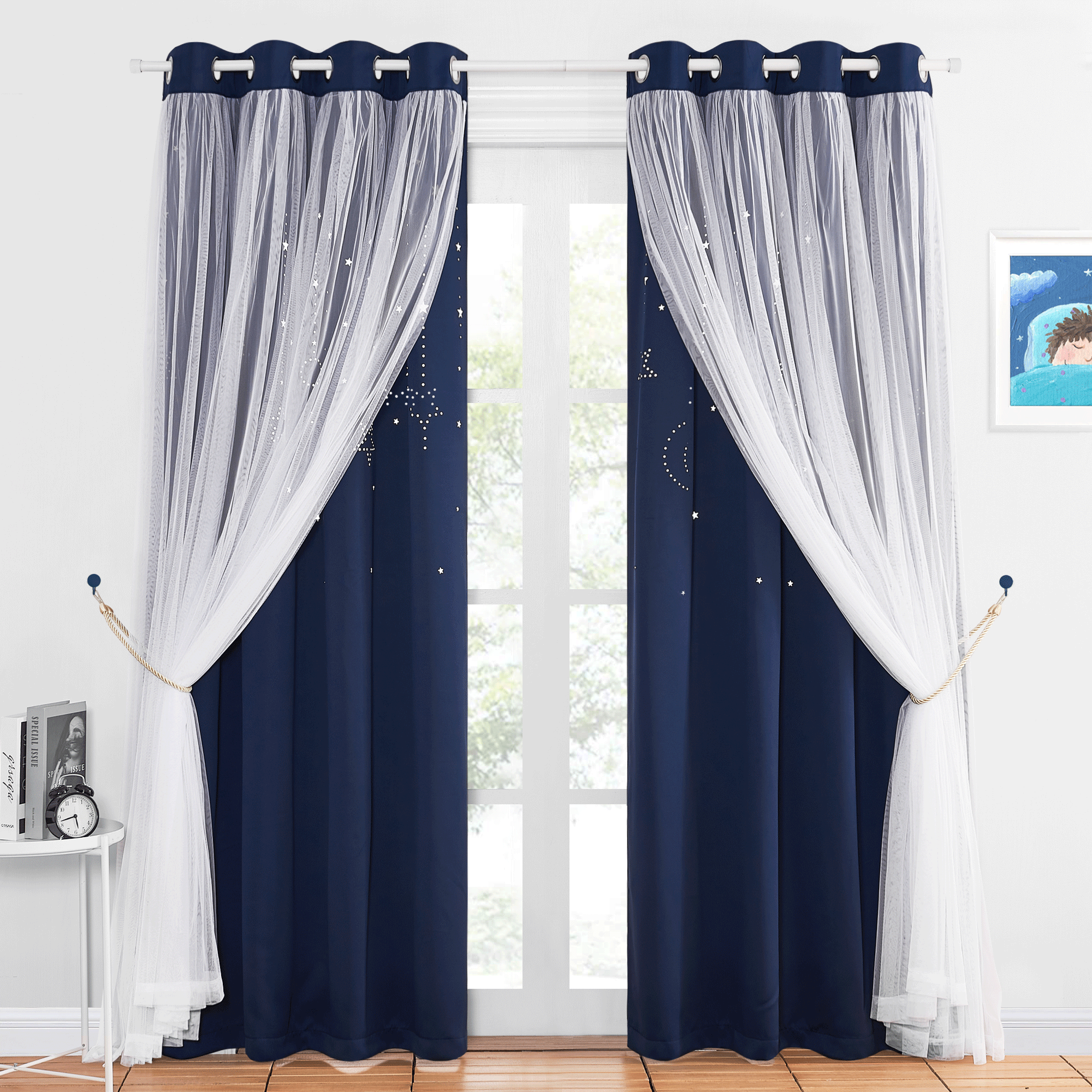 Hollow-Out Curtains Blackout Curtain With Sheer Curtain Overlay 1 Panel KGORGE Store