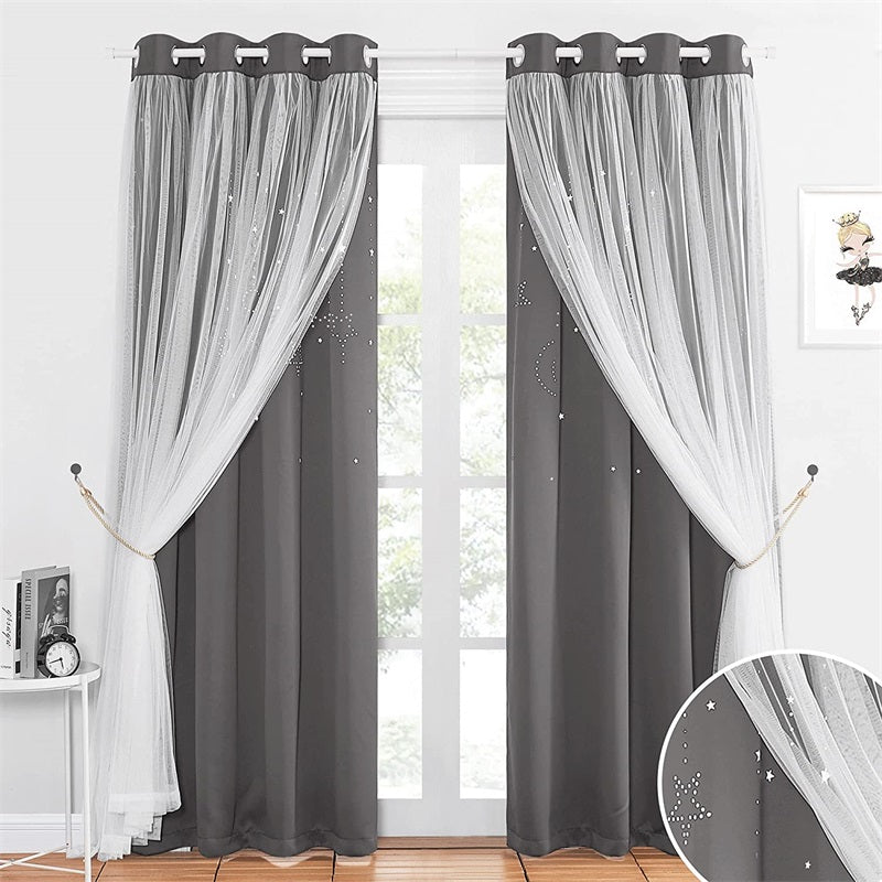 Hollow-Out Curtains Blackout Curtain With Sheer Curtain Overlay 2 Panels KGORGE Store
