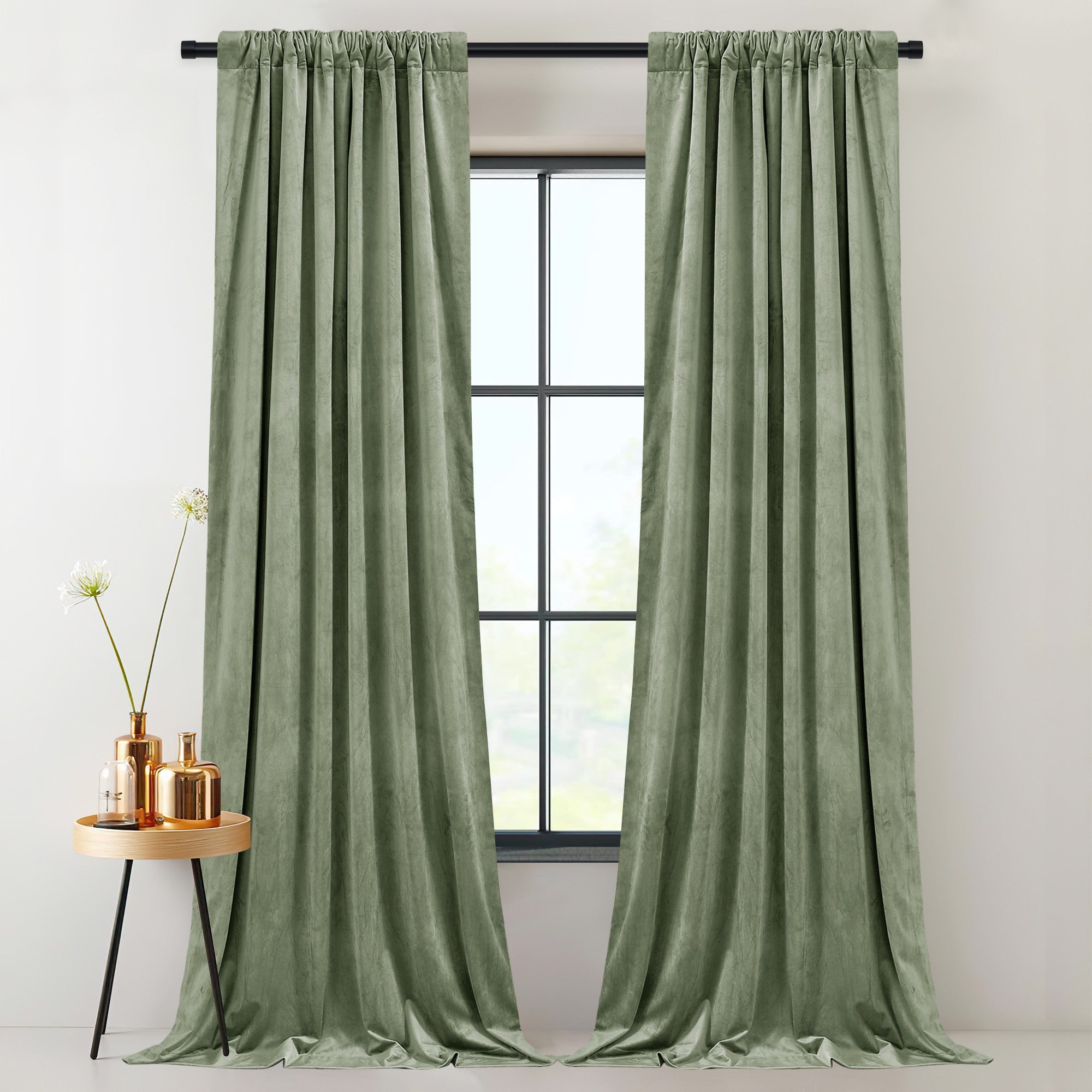 Luxurious sage green velvet thermal insulated blackout drapes with rod pocket header, offering room darkening and privacy.