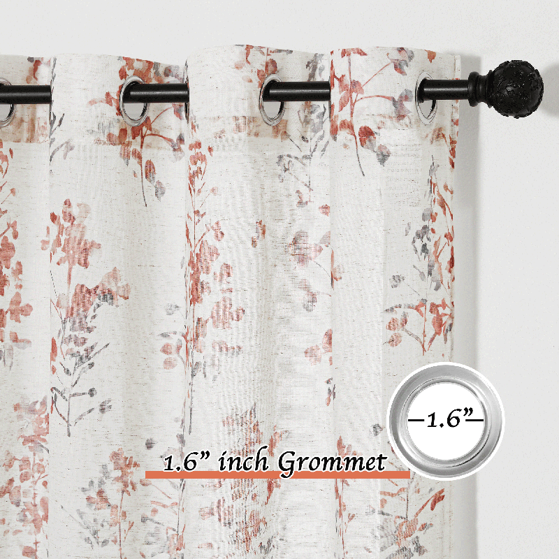 Ink Tree Branch Grommet Linen Textured Sheer Curtains For Living Room And Bedroom 2 Panels KGORGE Store