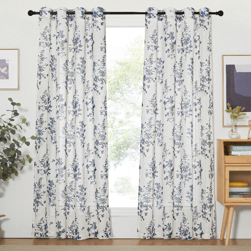 Ink Tree Branch Grommet Linen Textured Sheer Curtains For Living Room And Bedroom 2 Panels KGORGE Store