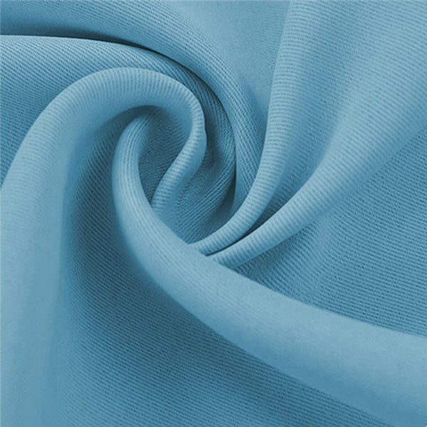 Light blue blackout outdoor curtain fabric sample, featuring a durable texture and elegant soft folds.
