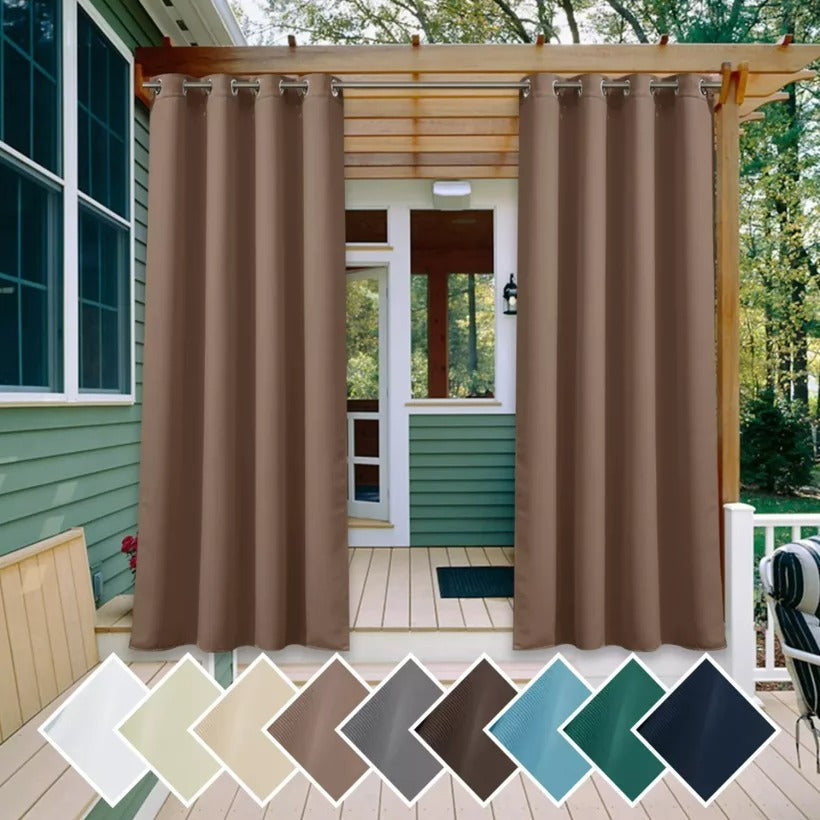 Brown outdoor grommet curtain samples on a pergola patio deck, displaying various fabric colors for weatherproof shade solutions.