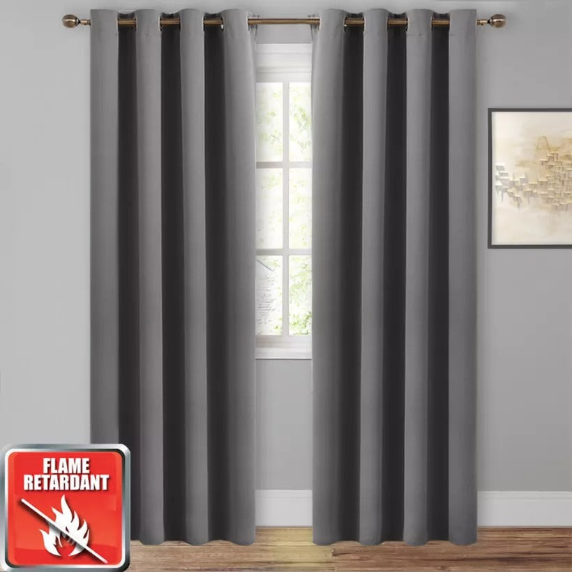 KGORGE gray flame retardant blackout curtain panel with silver grommet top, ideal for bedroom/living room privacy & room darkening.