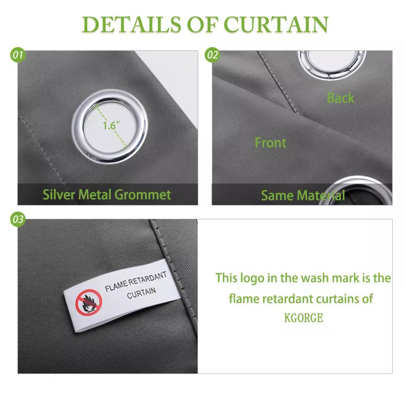 KGORGE flame retardant blackout curtain features: 1.6" silver metal grommet top, consistent fabric, and safety tag.