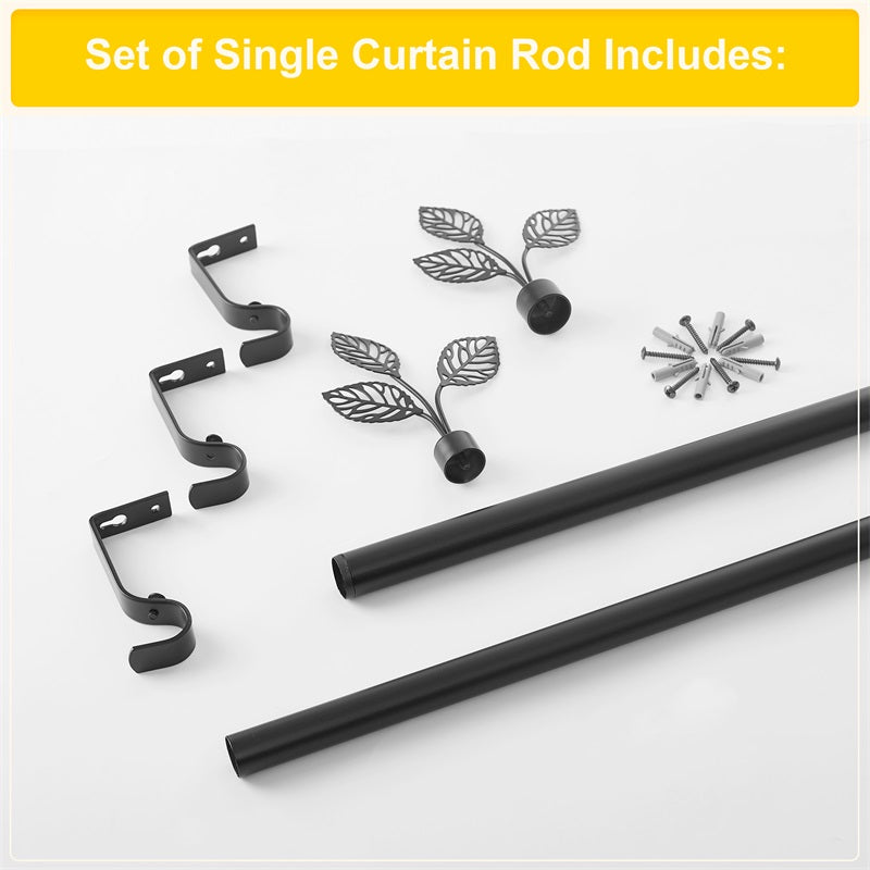 Black Leaf Metallo outdoor curtain rod set with adjustable length rod, decorative leaf finials, brackets, screws, and anchors.