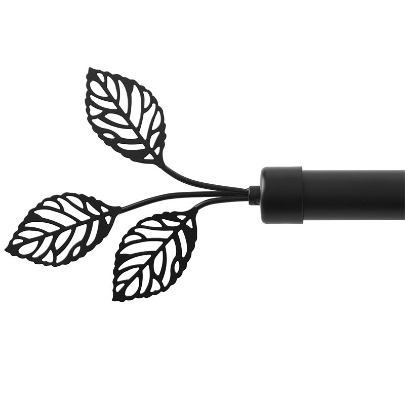 Adjustable black Leaf Metallo outdoor curtain rod set with a decorative three-leaf finial.