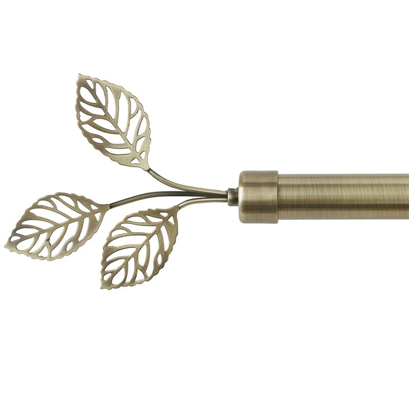 Adjustable length outdoor curtain rod with a decorative bronze Leaf Metallo finial, featuring intricate leaf patterns.