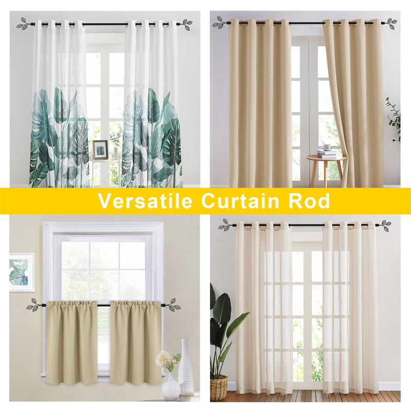 Black Leaf Metallo adjustable outdoor curtain rod with decorative leaf finials, showcased with diverse curtain styles.