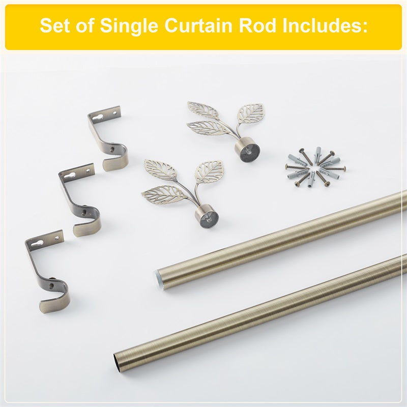 Complete set of Leaf Metallo outdoor curtain rod: two adjustable rods, three brackets, two leaf finials, and mounting hardware.