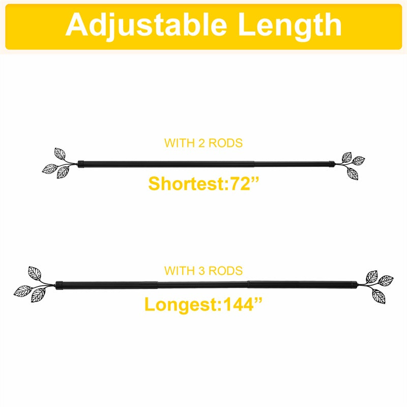Adjustable length Leaf Metallo outdoor curtain rod with decorative leaf finials, showing 72” (2 rods) and 144” (3 rods) options.