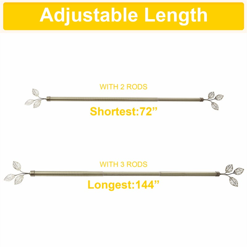 Adjustable length Leaf Metallo outdoor curtain rod set with ornate leaf finials, showing 72" (2 rods) and 144" (3 rods) configurations.
