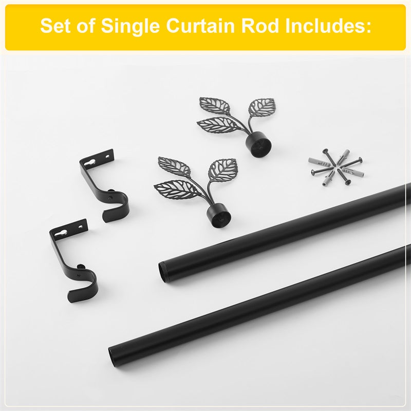 Black Leaf Metallo adjustable outdoor curtain rod set including decorative leaf finials, mounting brackets, and hardware.