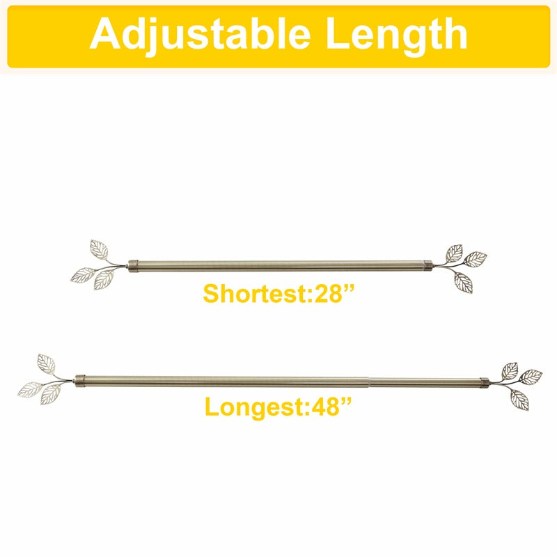 Adjustable length Leaf Metallo outdoor curtain rod shown at shortest 28" and longest 48" with decorative leaf finials.