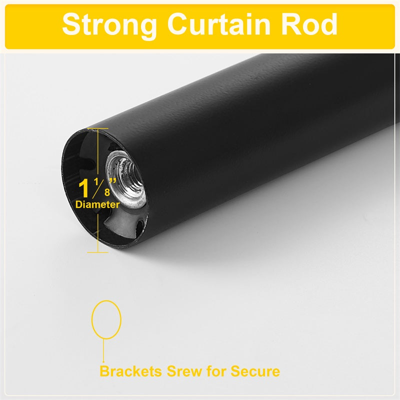 Close-up of durable black outdoor curtain rod end, highlighting 1 1/8" diameter and secure threading for adjustable finials/brackets.