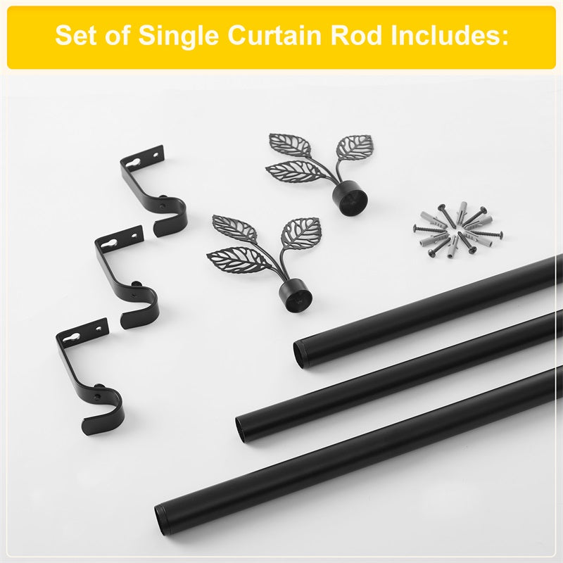 Complete black adjustable length outdoor curtain rod set including leaf finials, wall brackets, and mounting hardware.