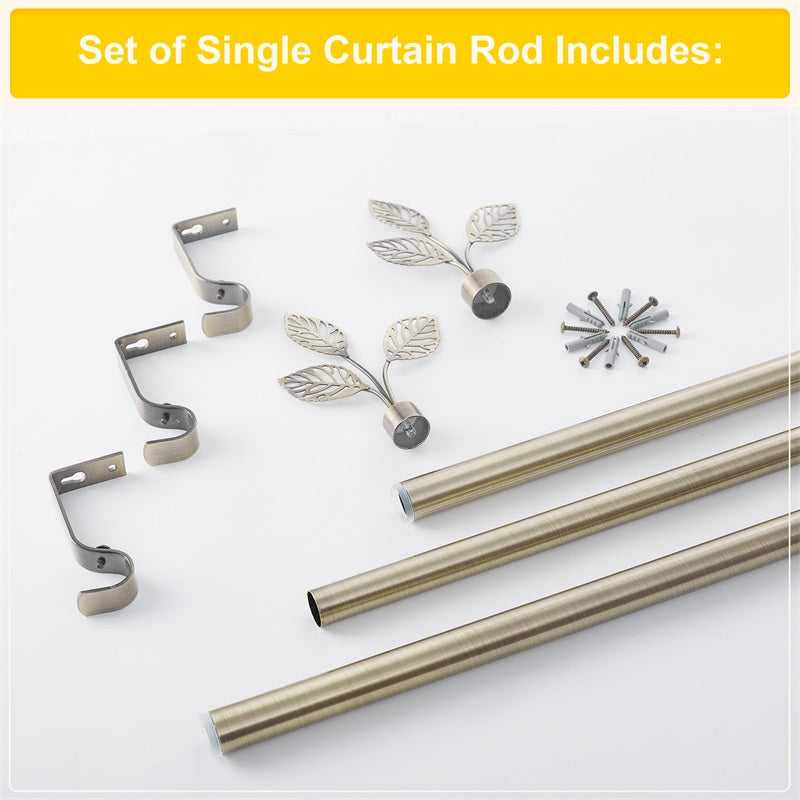 Complete Leaf Metallo outdoor curtain rod set with adjustable length rods, decorative leaf finials, mounting brackets, and installation hardware.
