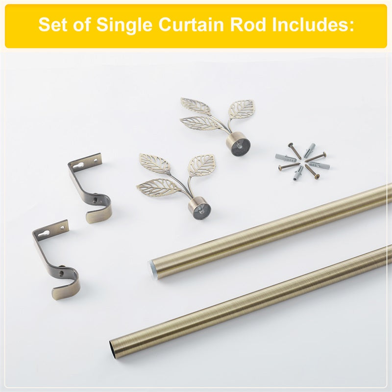 Leaf Metallo outdoor curtain rod set components: bronze adjustable rods, decorative leaf finials, brackets, and mounting hardware.