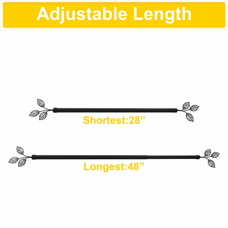 Black Leaf Metallo outdoor curtain rod shown at its shortest (28") and longest (48") adjustable lengths with decorative finials.