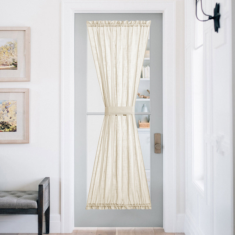 Beige light filtering semi-sheer linen French door curtain pair with dual rod pockets and tiebacks for privacy.