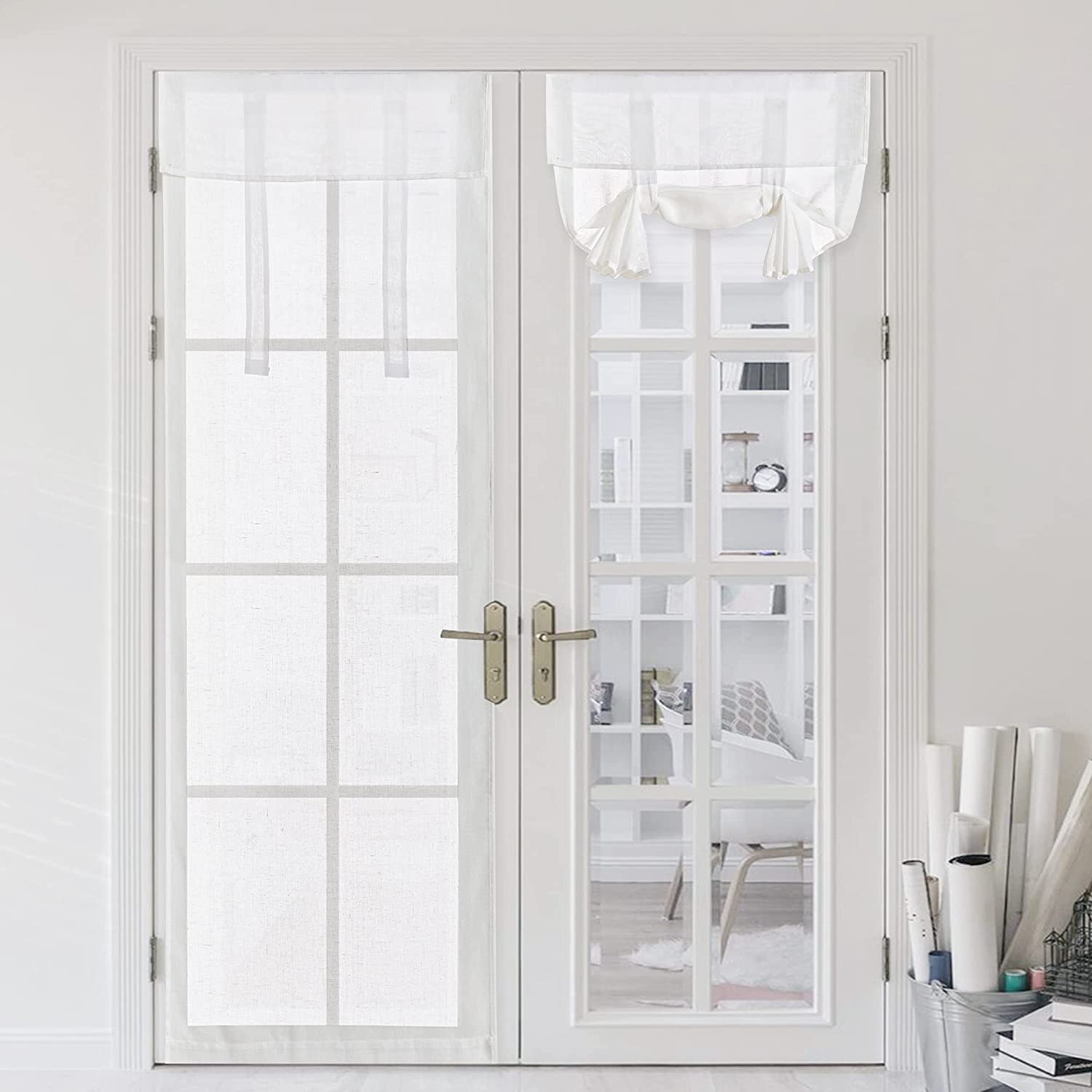 White light filtering linen tie-up door curtains on French doors, one fully down, one styled tied up for privacy.