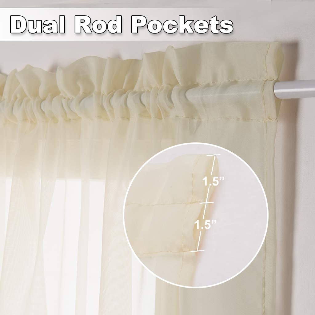 Close-up of beige light filtering voile curtain showing dual 1.5" rod pockets, ideal for French or porch doors.