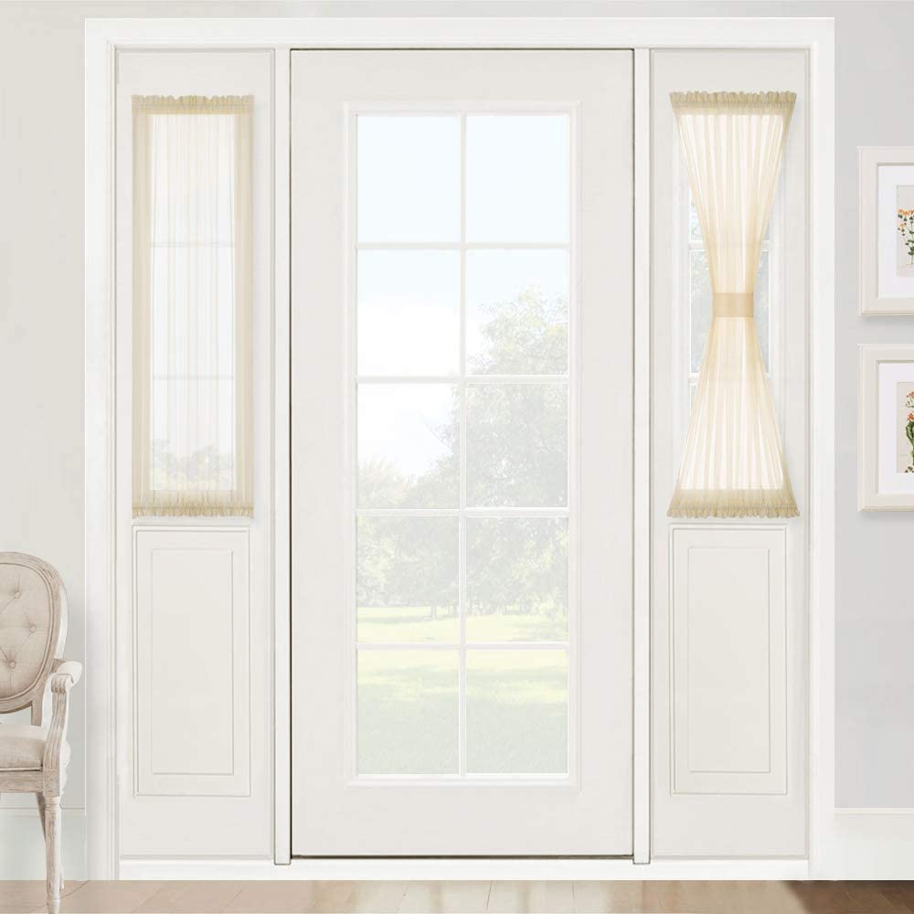 Cream voile light filtering French door curtains with tiebacks on white sidelights. Enhance privacy & home decor.
