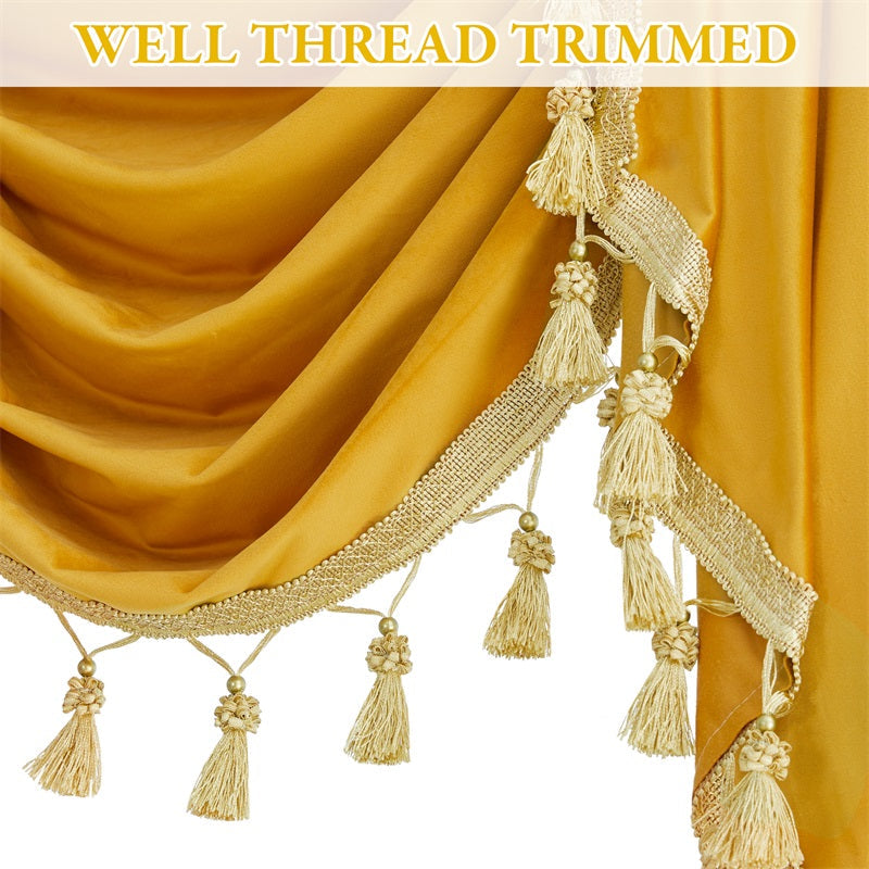 Luxurious golden velvet blackout waterfall valance, showcasing intricate gold trim and decorative tassels. Ideal for kitchen & living room.