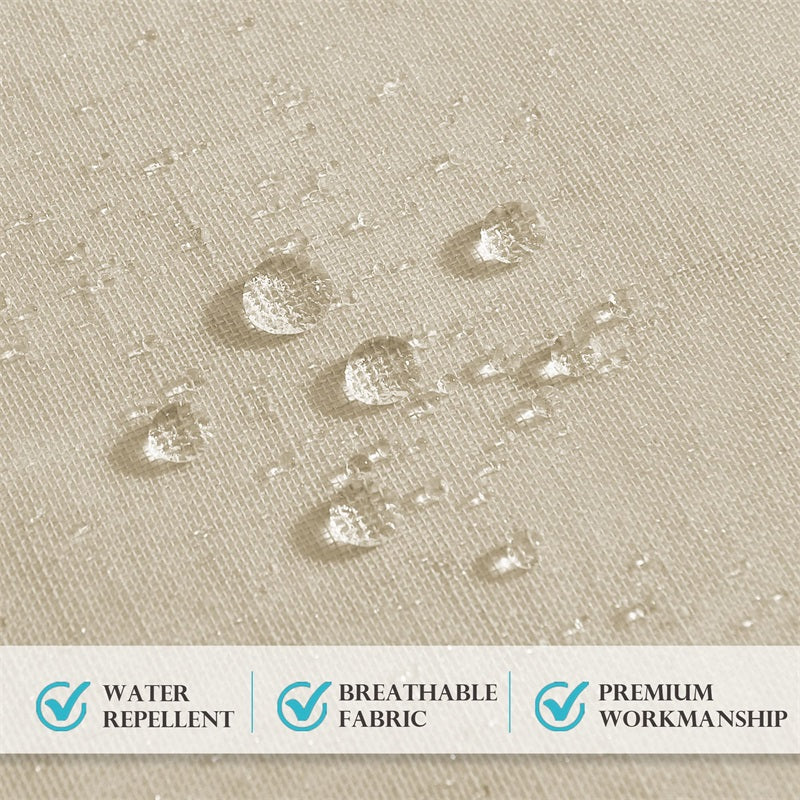 Beige faux linen outdoor curtain fabric with water droplets, showcasing water repellent, breathable & durable protection.