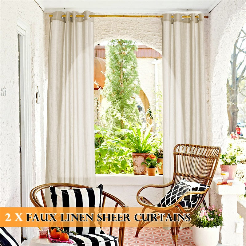 Cream faux linen sheer outdoor curtains with grommets styled on a patio, offering filtered sunlight and a private oasis.