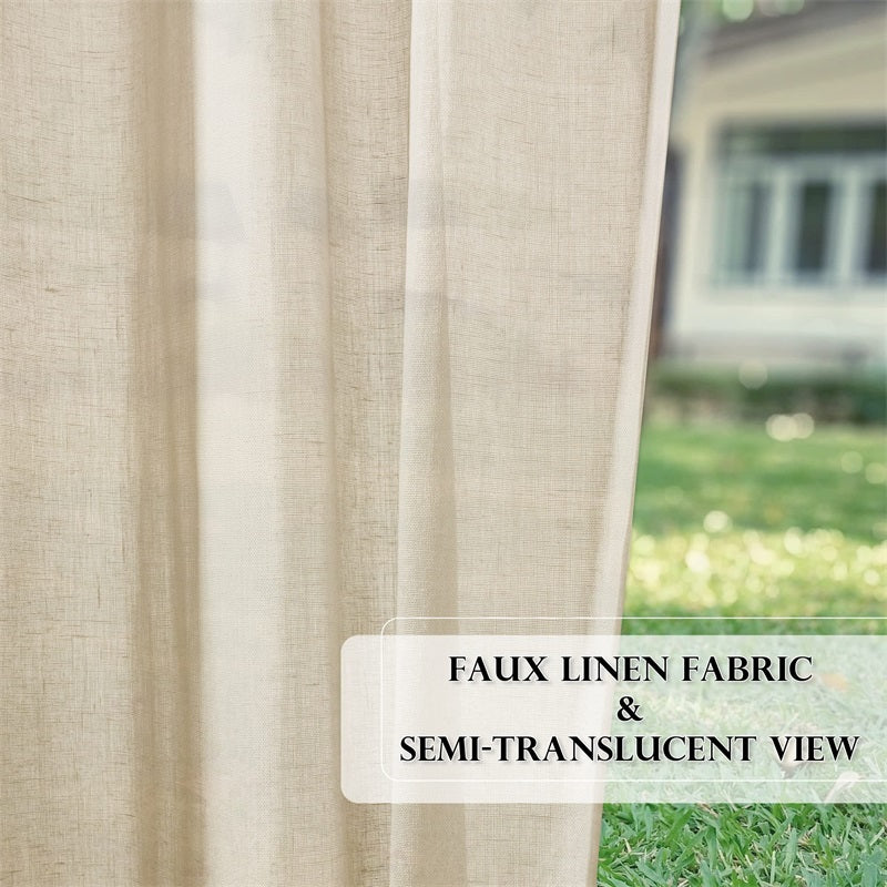 Beige outdoor faux linen sheer curtain panel, showing its textured, semi-translucent fabric and blurred patio view.