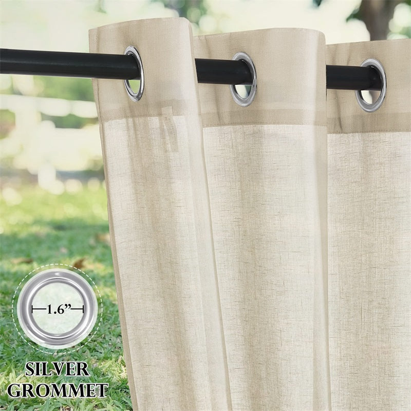Beige faux linen sheer outdoor curtain panel for patio, highlighting 1.6" silver grommets on a rod for light filtering.