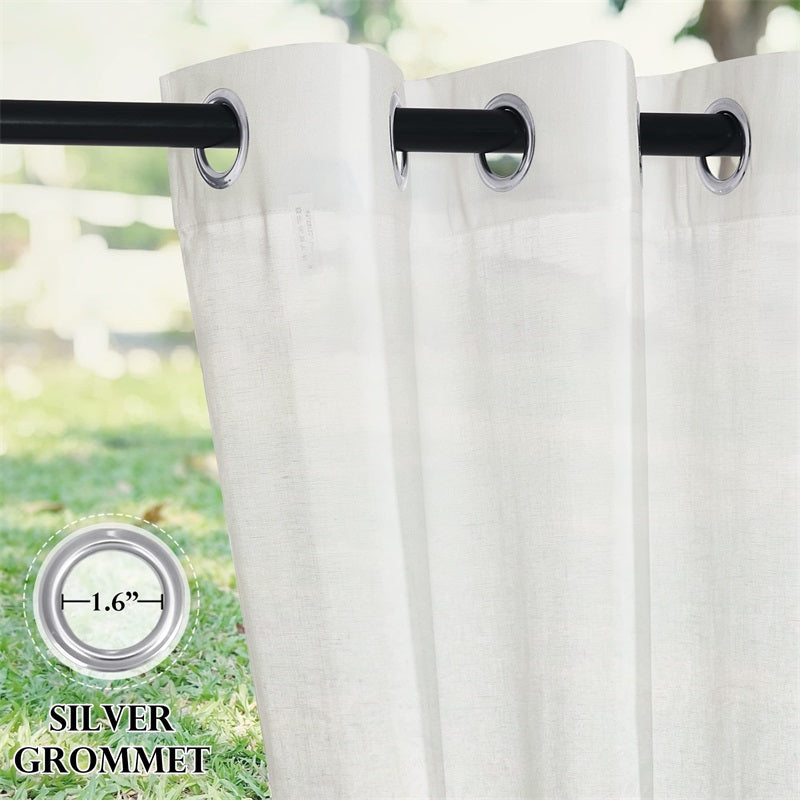 Close-up of white outdoor faux linen sheer curtains with silver grommets on a rod, detail showing 1.6 inch grommet for patio.