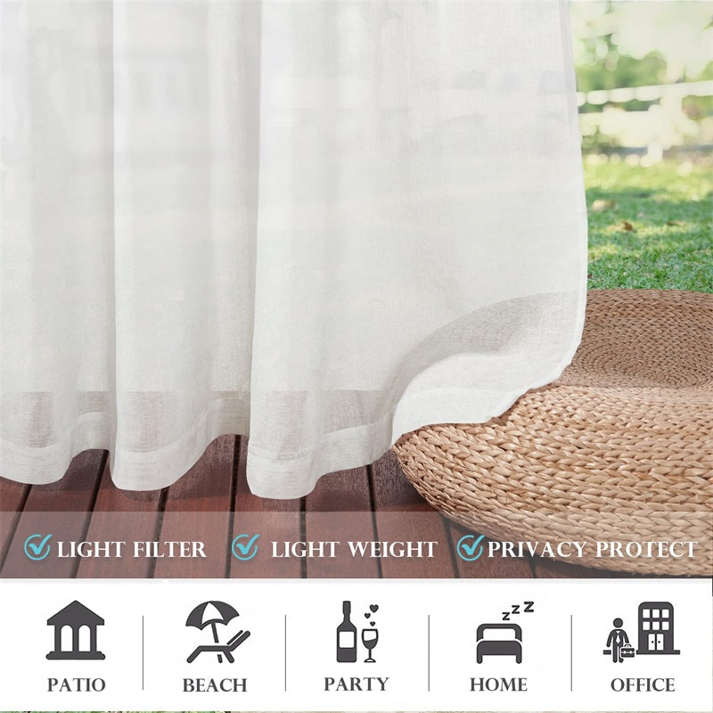 White sheer faux linen outdoor curtains with grommets providing light filter & privacy on a patio deck, next to a wicker pouf.