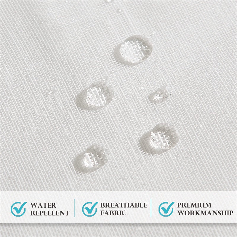 Close-up of white outdoor faux linen sheer curtain fabric with water droplets beading, showing water-repellent and breathable qualities.