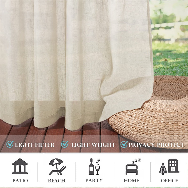 Light-filtering faux linen sheer outdoor patio curtains in beige, offering privacy protection and lightweight elegance on a wooden deck.