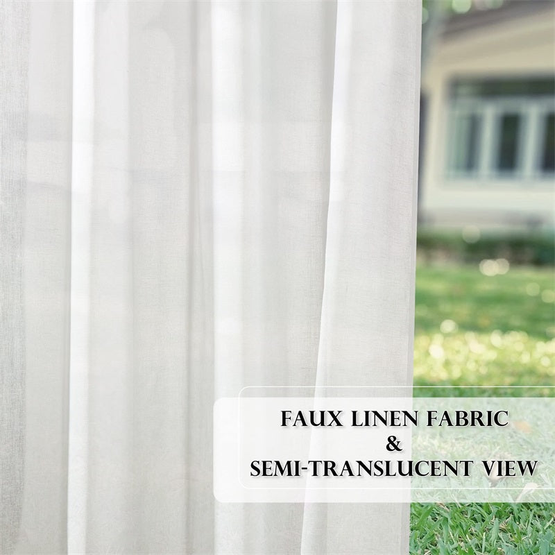 White faux linen sheer outdoor patio curtain close-up, revealing its semi-translucent fabric and textured weave.