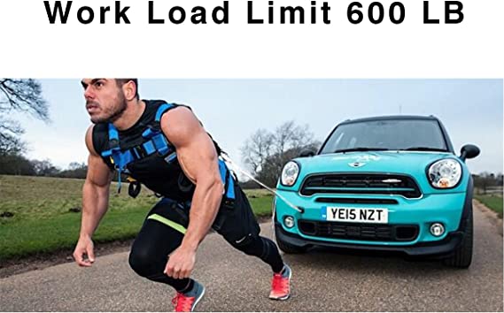 Man in harness pulls turquoise car with durable polyester rope, demonstrating 600 LB work load limit for outdoor sun shade sails & patio.