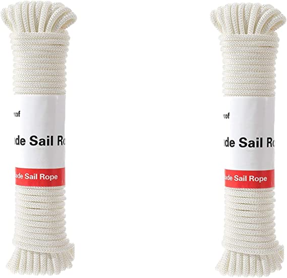 Two rolls of white polyester shade sail rope, a strong, durable solid line for outdoor garden, patio, and camping needs.