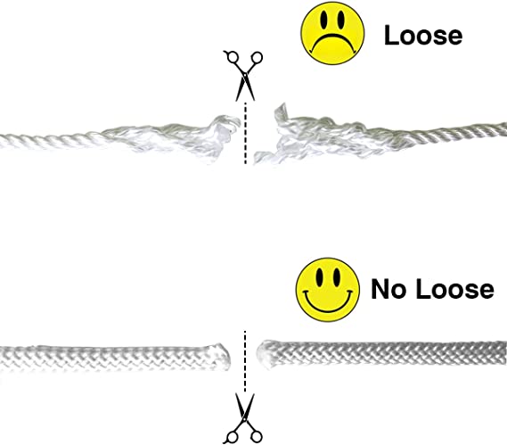 Polyester outdoor sun shade sail rope comparison: bottom shows clean, solid line, non-fraying cut; top shows frayed, loose ends.