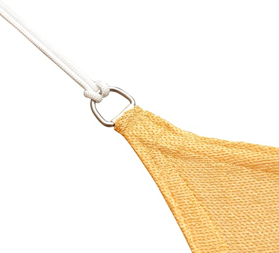Tan outdoor sun shade sail corner, strong stainless steel D-ring and white polyester rope for patio, garden, camping.