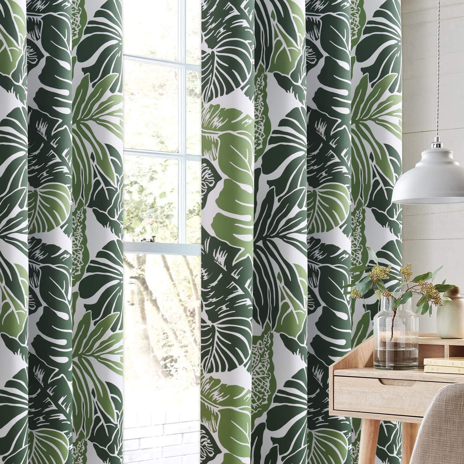 Palm Leaves Grommet Blackout Curtains For Living Room And Bedroom 2 Panels KGORGE Store