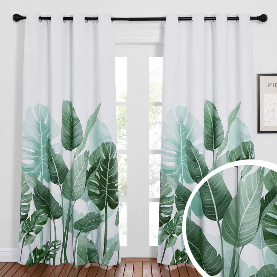 Palm Leaves Grommet White Blackout Curtains For Living Room And Bedroom 2 Panels KGORGE Store